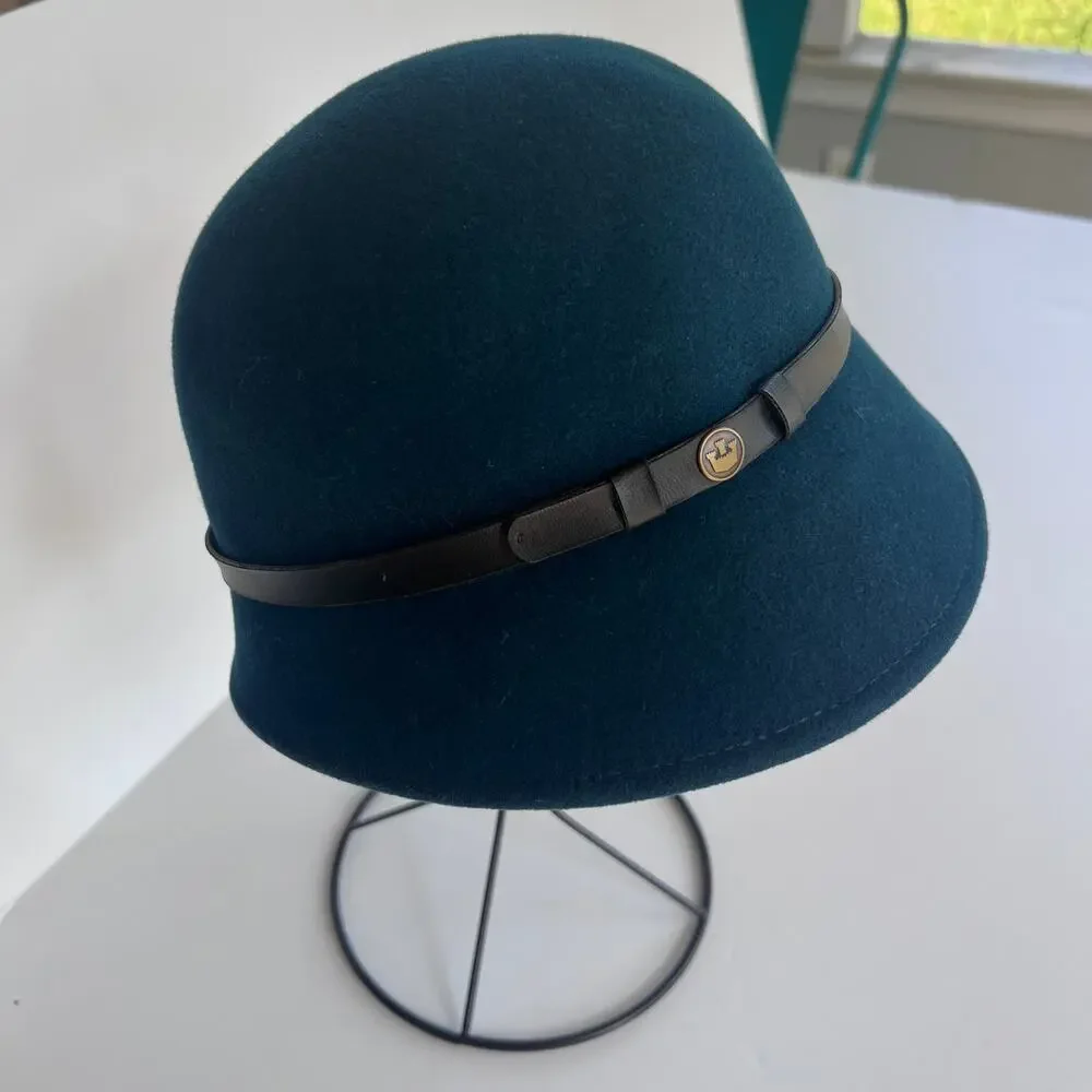 Goorin Bros 100% Wool Cloche Hat Medium Teal Blue Made in USA Leather Band